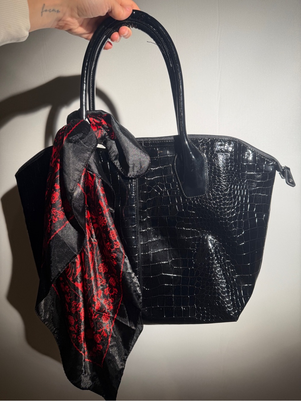 Black Croc-Embossed Tote with Red Accent Scarf